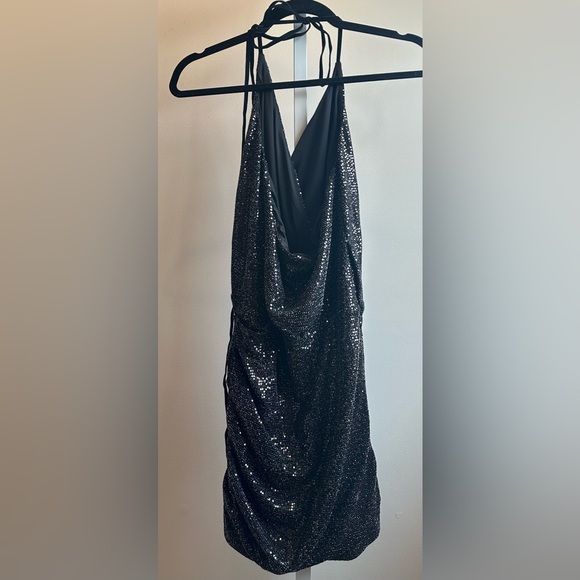 NWT Ramy Brook Avianna Ruched Mini Dress 0 Black Sparkle Halter - Picture 7 of 12